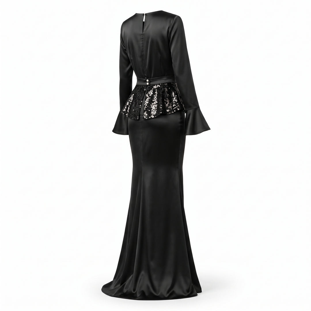 PRET SPECIAL DE LANSARE! Rochie lungă neagră din mătase vegetală cu peplum detașabil din paiete