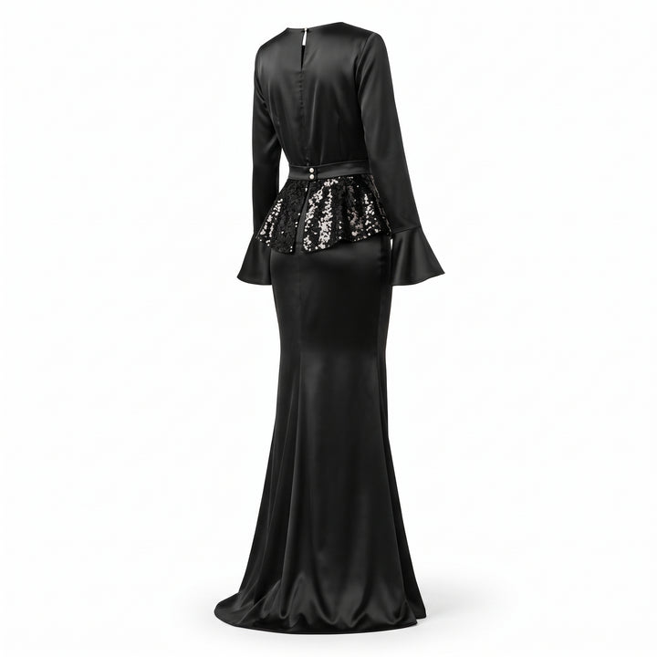 PRET SPECIAL DE LANSARE! Rochie lungă neagră din mătase vegetală cu peplum detașabil din paiete