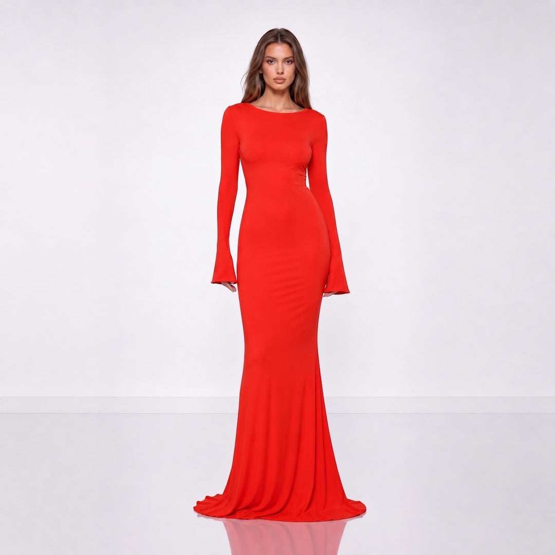 Rochie lungă corai din jersey premium cu spatele gol și drapaj – Red Luna, ediție limitată