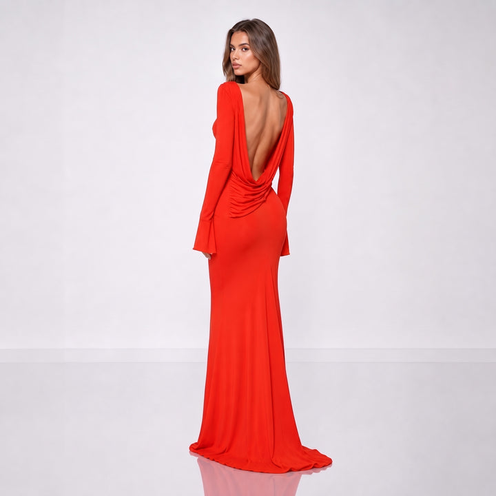 Rochie lungă corai din jersey premium cu spatele gol și drapaj – Red Luna, ediție limitată