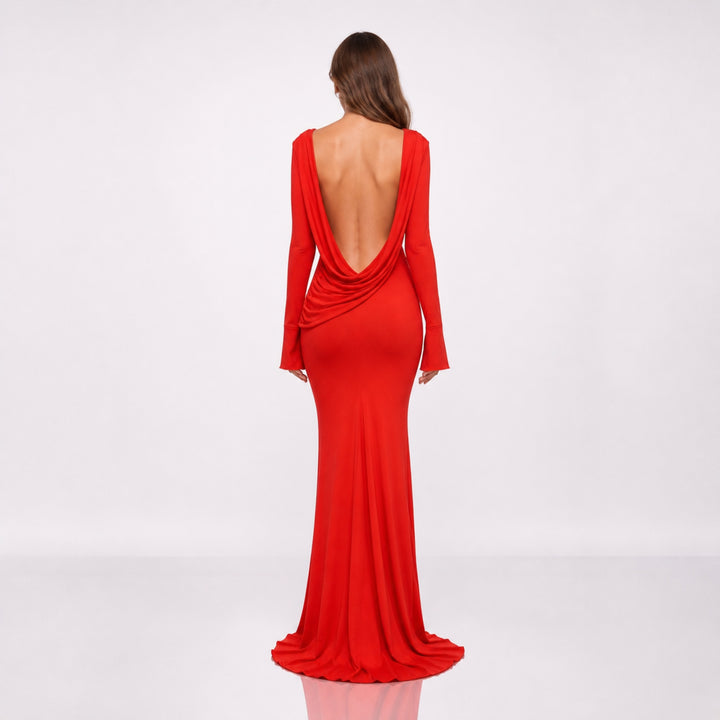 Rochie lungă corai din jersey premium cu spatele gol și drapaj – Red Luna, ediție limitată