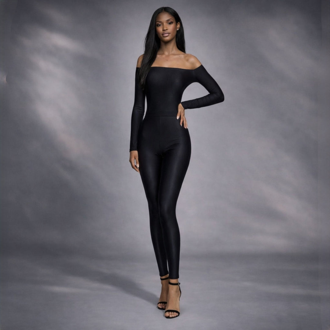 Salopeta din lycra contractoare neagra cu umerii goi Toffee