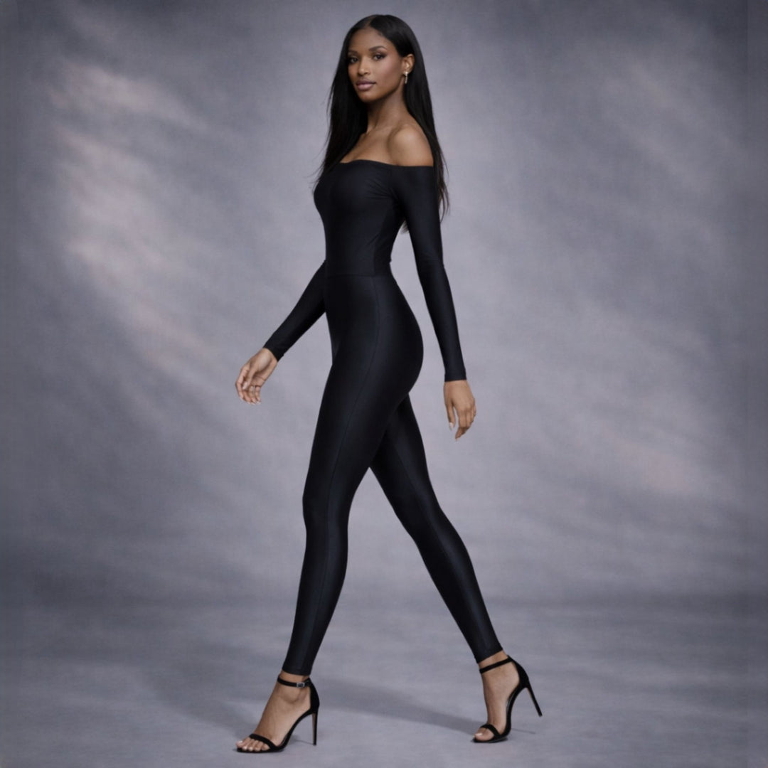 Salopeta din lycra contractoare neagra cu umerii goi Toffee