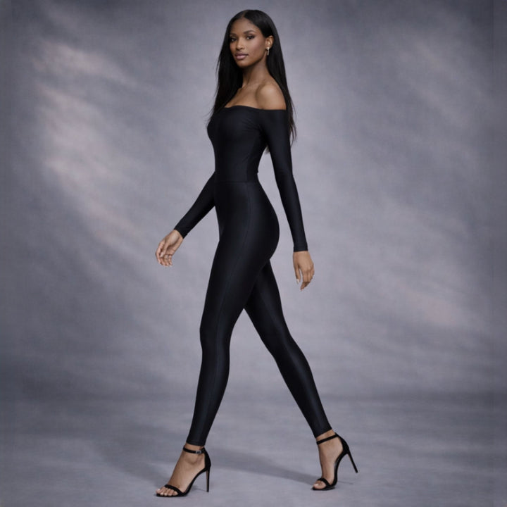 Salopeta din lycra contractoare neagra cu umerii goi Toffee