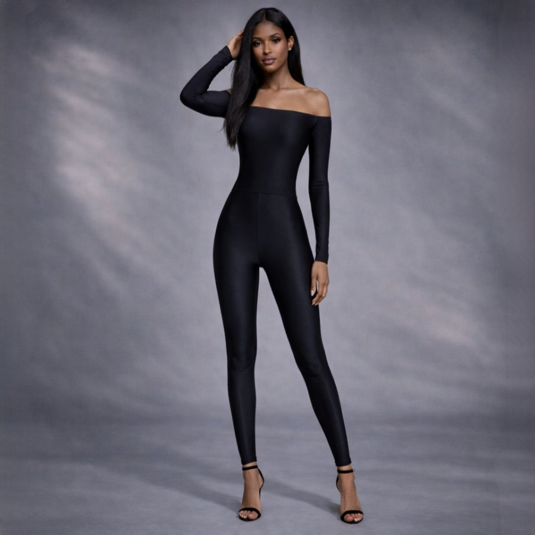 Salopeta din lycra contractoare neagra cu umerii goi Toffee
