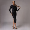 Carolina D: Rochie neagra midi din lycra cu nasturi metalici pe spate Amal