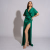 Rochie lunga din matase verde cu drapaje laterale si bust kimono Lotus