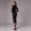 Carolina D: Rochie neagra midi din lycra cu nasturi metalici pe spate Amal