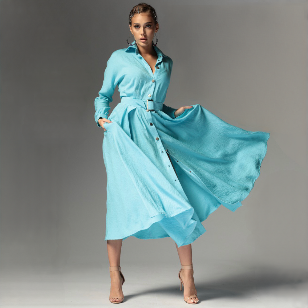 Carolina D: rochie camasa bleu din in cu nasturi metalici