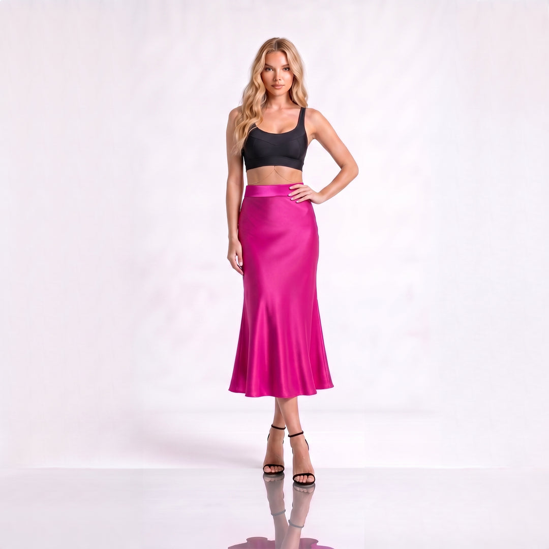 Fustă Midi Fucsia din Mătase Vegetală – Design Premium