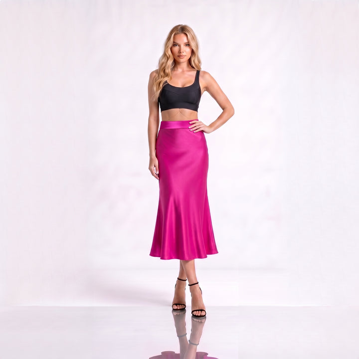 Fustă Midi Fucsia din Mătase Vegetală – Design Premium