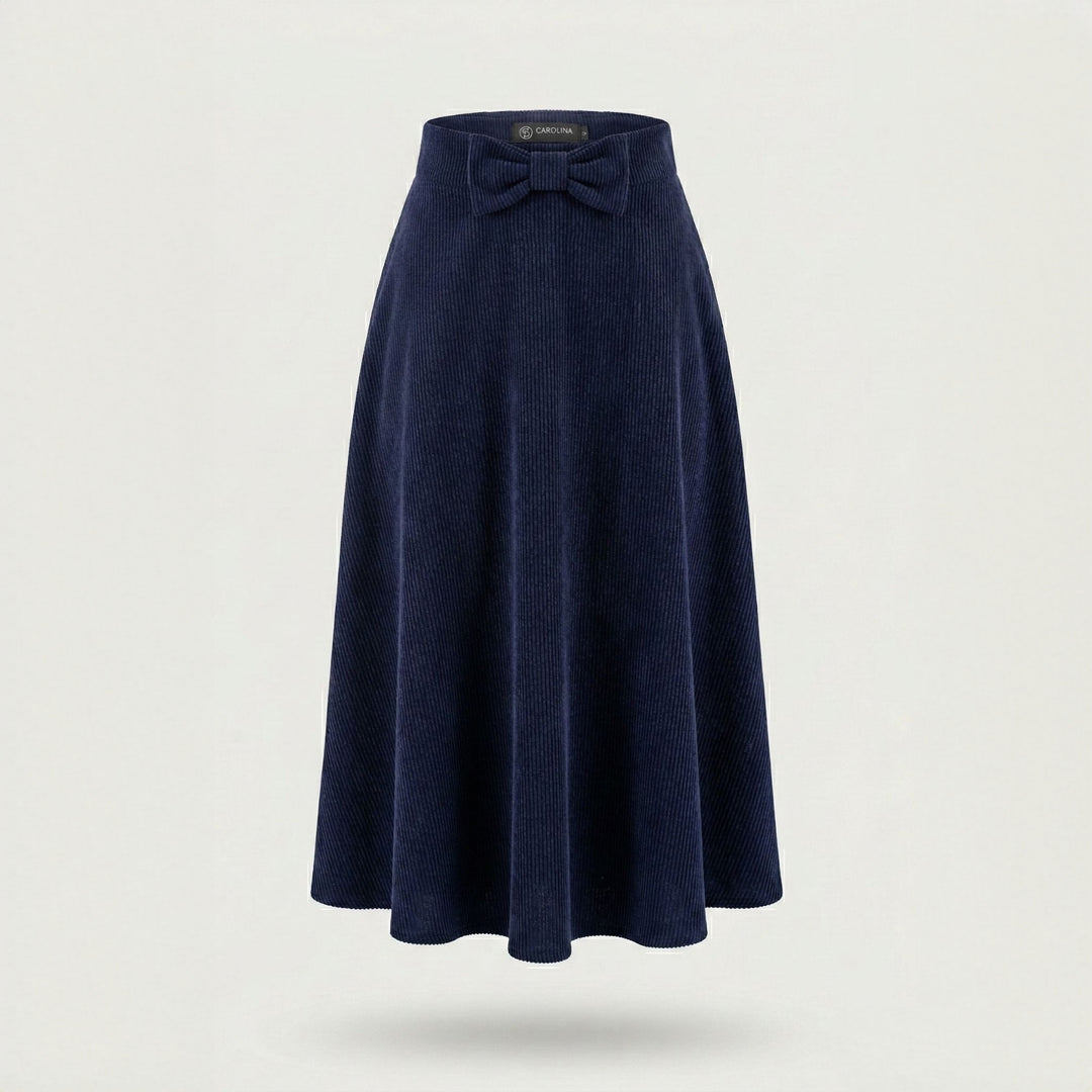 Fusta midi evazata din raiat bleumarin cu funda in talie