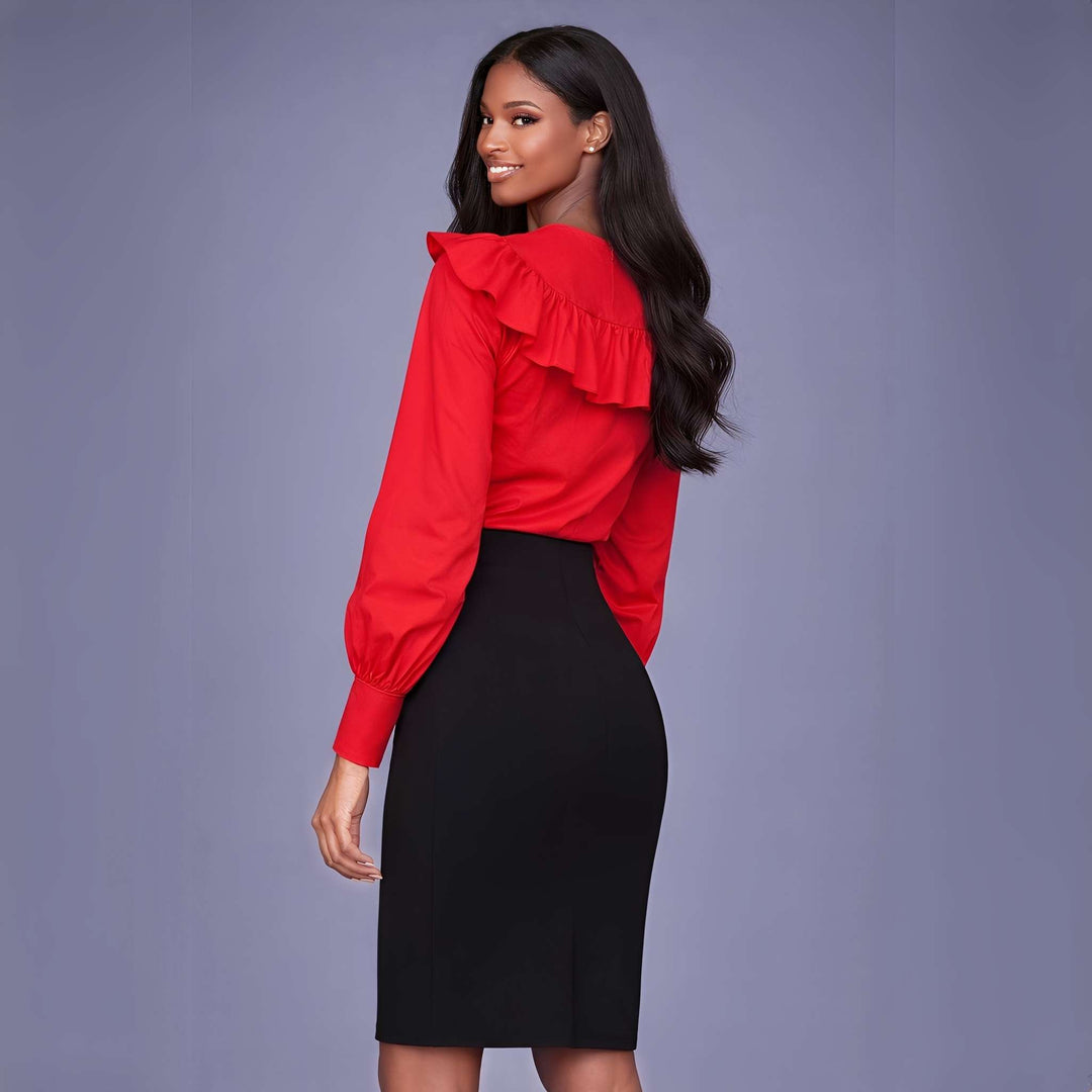 Camasa rosie cu volane pe bust si maneca bufanta