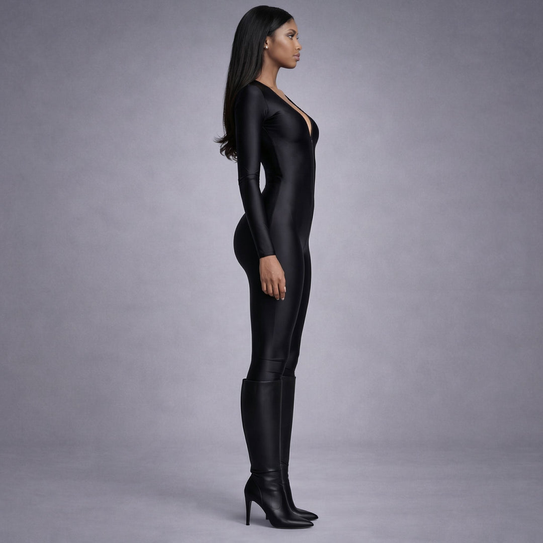 Salopeta din lycra contractoare neagra cu decolteu in V Artistique