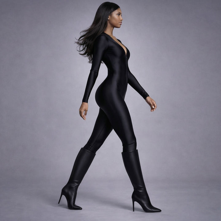 Salopeta din lycra contractoare neagra cu decolteu in V Artistique