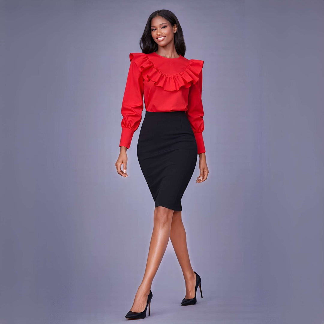 Camasa rosie cu volane pe bust si maneca bufanta