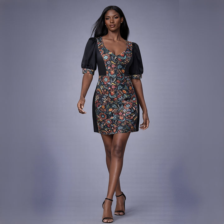 Rochie scurta cu maneca balon si insertii din paiete printate Sarah