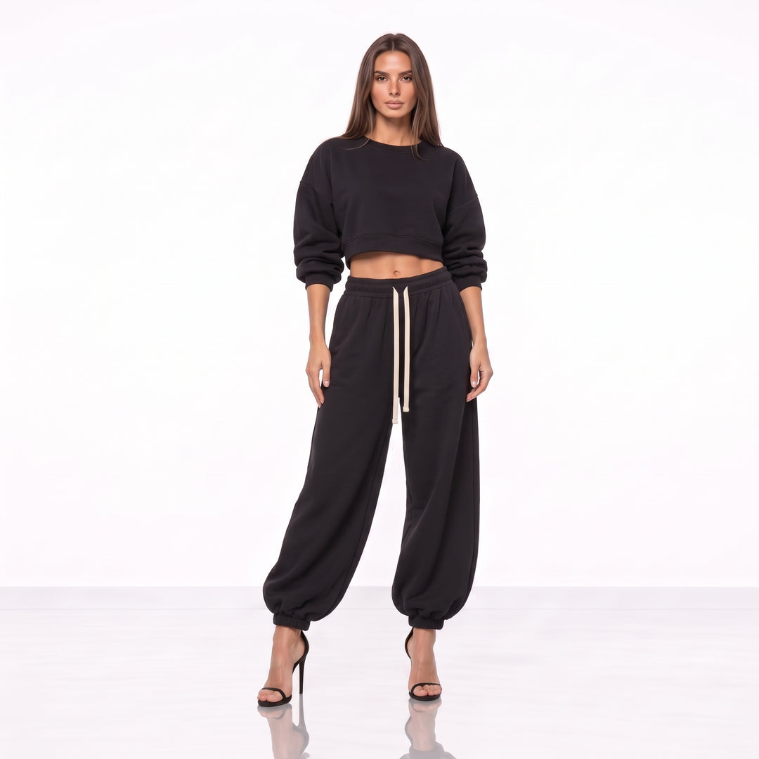 Compleu Trening Damă Oversized din Bumbac 100% – Pantaloni Balloon & Hanorac Crop