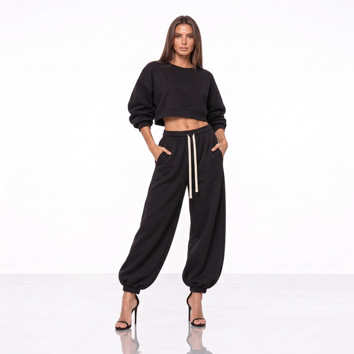 Compleu Trening Damă Oversized din Bumbac 100% – Pantaloni Balloon & Hanorac Crop