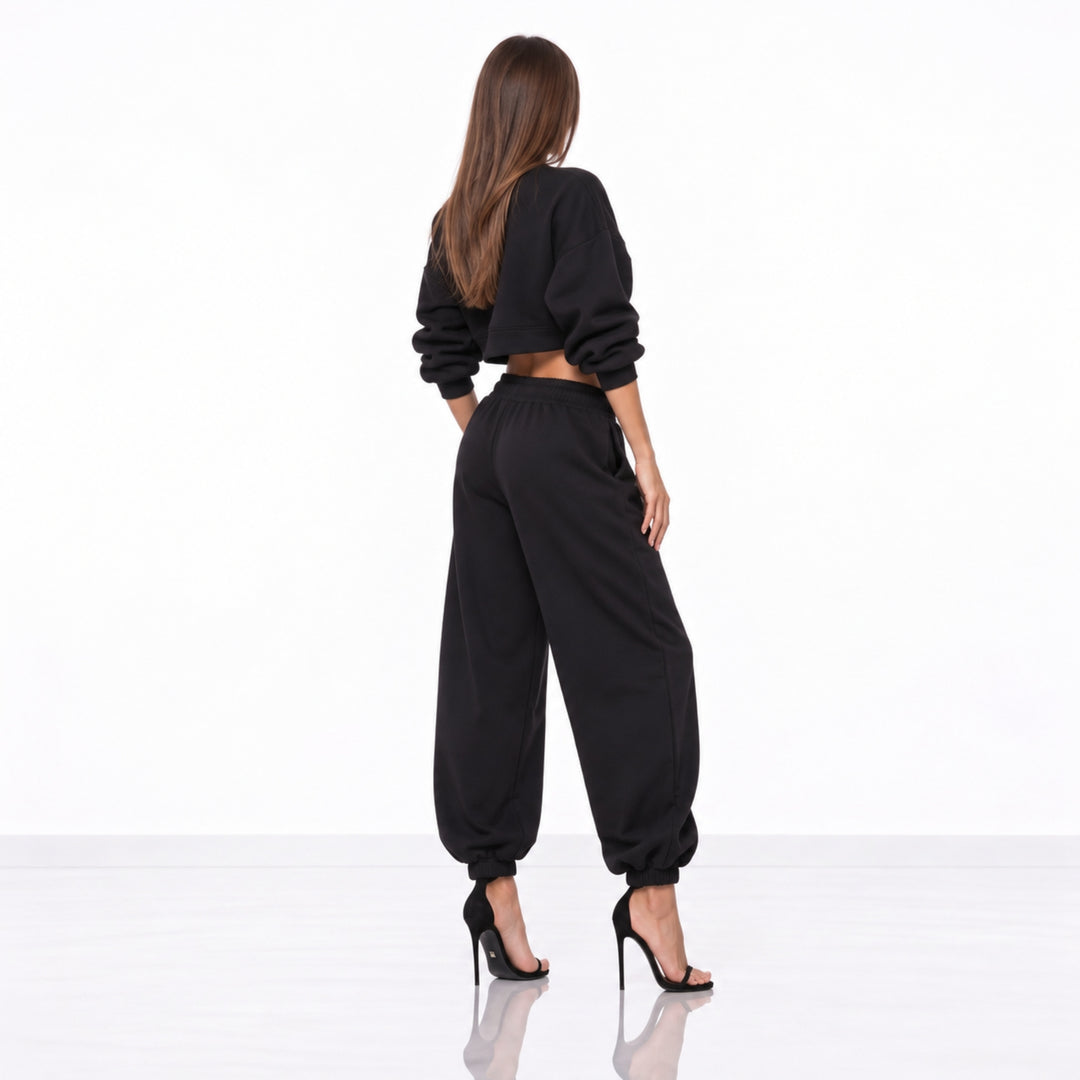 Compleu Trening Damă Oversized din Bumbac 100% – Pantaloni Balloon & Hanorac Crop