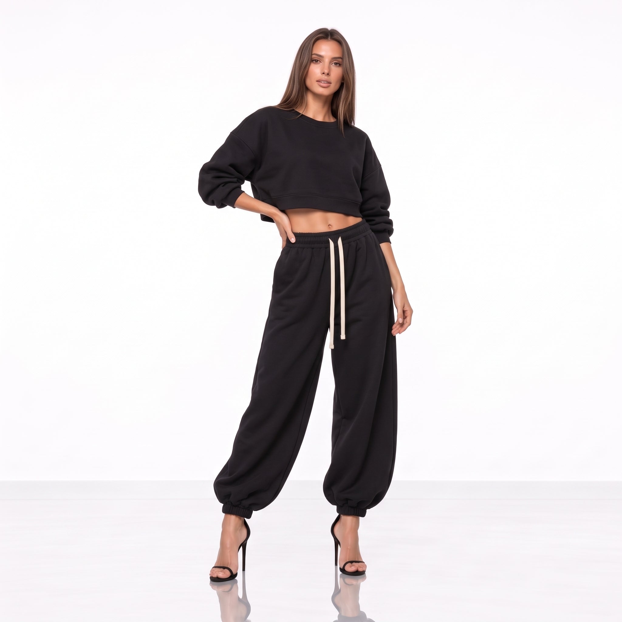 Compleu Trening Damă Oversized din Bumbac 100% – Pantaloni Balloon & Hanorac Crop