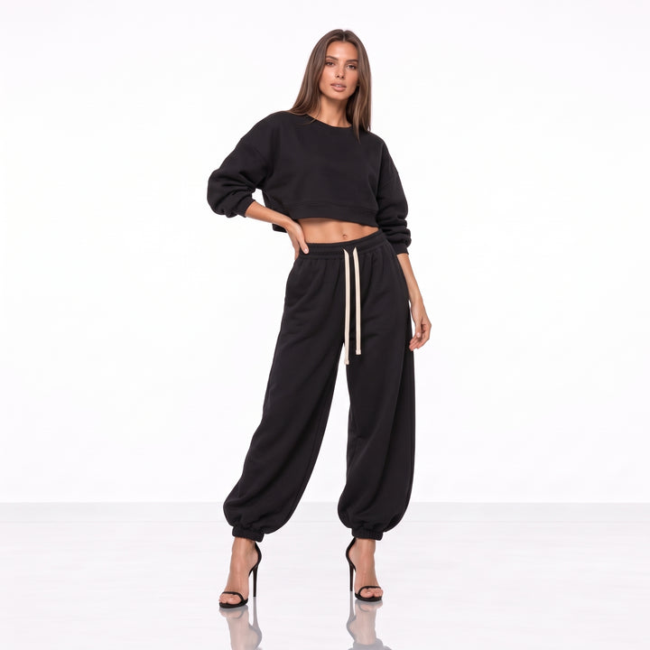 Compleu Trening Damă Oversized din Bumbac 100% – Pantaloni Balloon & Hanorac Crop