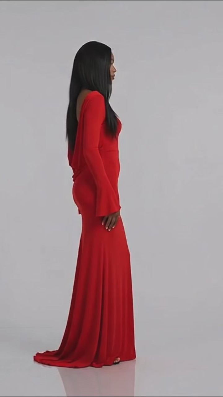 Rochie lungă corai din jersey premium cu spatele gol și drapaj – Red Luna, ediție limitată