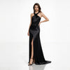 rochie lungă satin negru, rochie elegantă de gală, rochie designer damă, rochie ocazie premium, rochie halter satin, rochie neagră elegantă, rochie eveniment femei, rochie sofisticată modernă