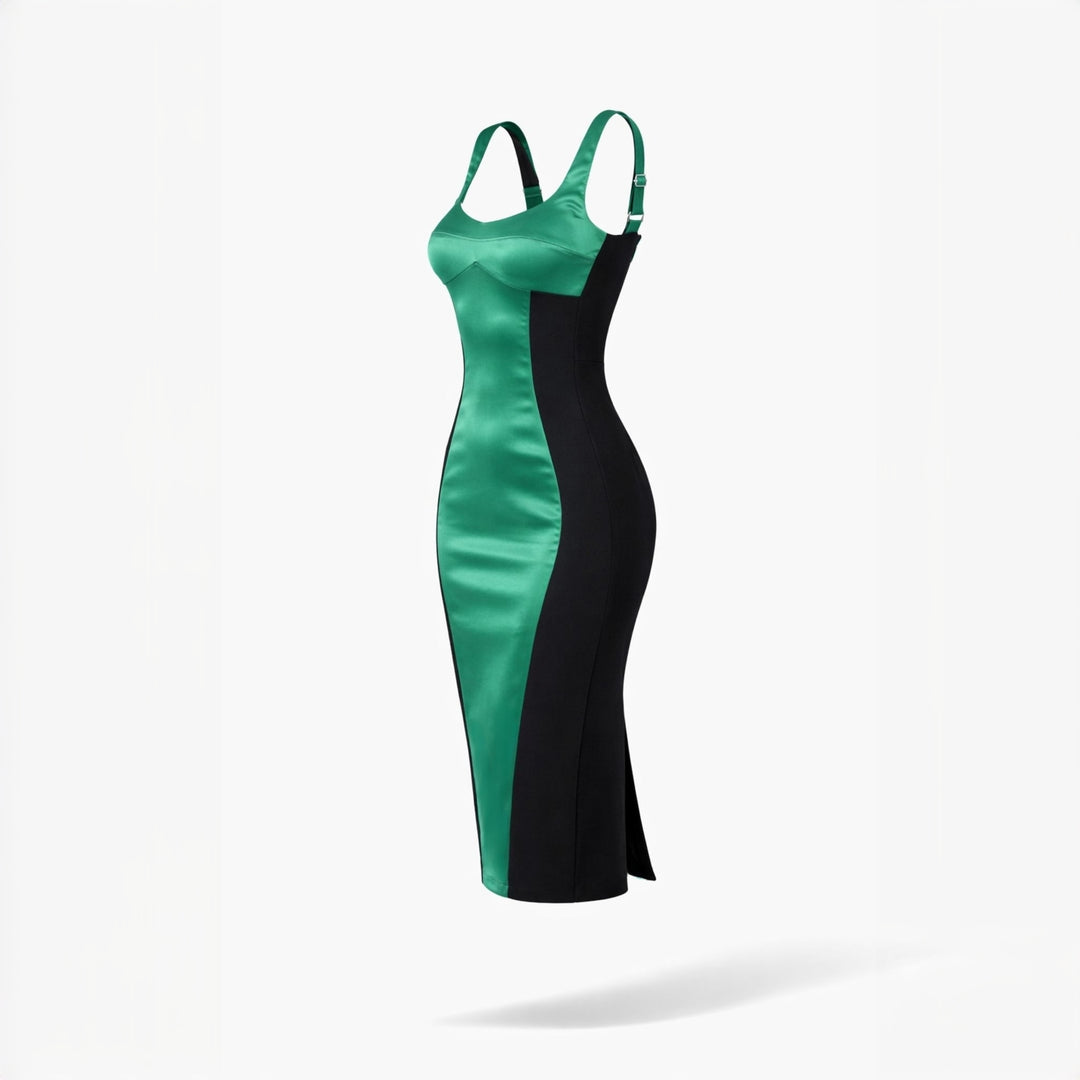 Rochie midi mulata cu insertie din satin verde Hannah
