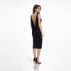 Rochie elegantă midi neagră din bumbac de bambus, spate gol drapat – rochie sexy designer premium CarolinaD