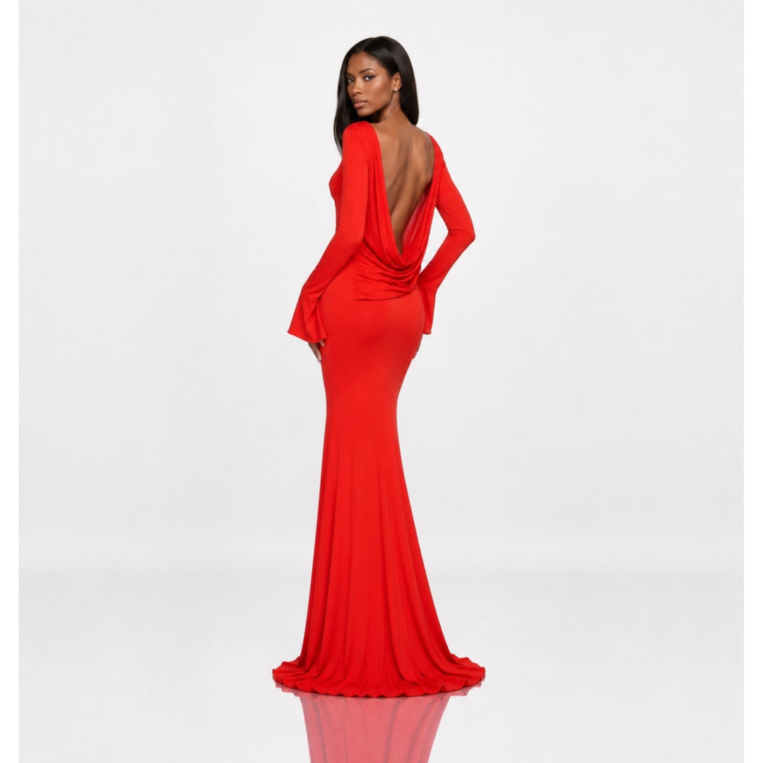 Rochie lungă corai din jersey premium cu spatele gol și drapaj – Red Luna, ediție limitată