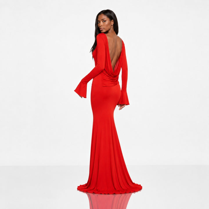 Rochie lungă corai din jersey premium cu spatele gol și drapaj – Red Luna, ediție limitată