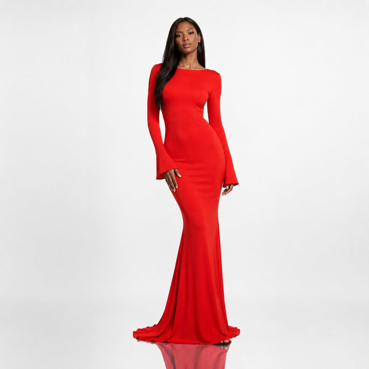 Rochie lungă corai din jersey premium cu spatele gol și drapaj – Red Luna, ediție limitată