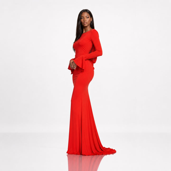 Rochie lungă corai din jersey premium cu spatele gol și drapaj – Red Luna, ediție limitată