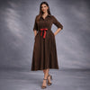 Rochie midi din raiat maro cu insertii rosii Vicky