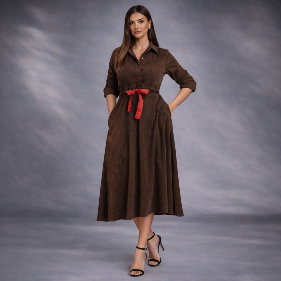 Rochie midi din raiat maro cu insertii rosii Vicky