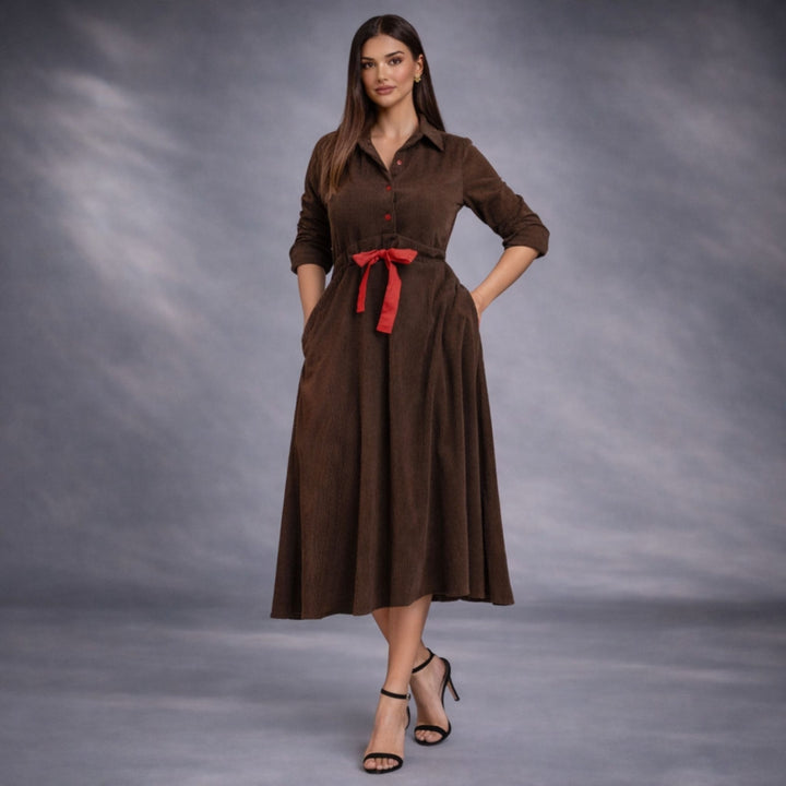 Rochie midi din raiat maro cu insertii rosii Vicky