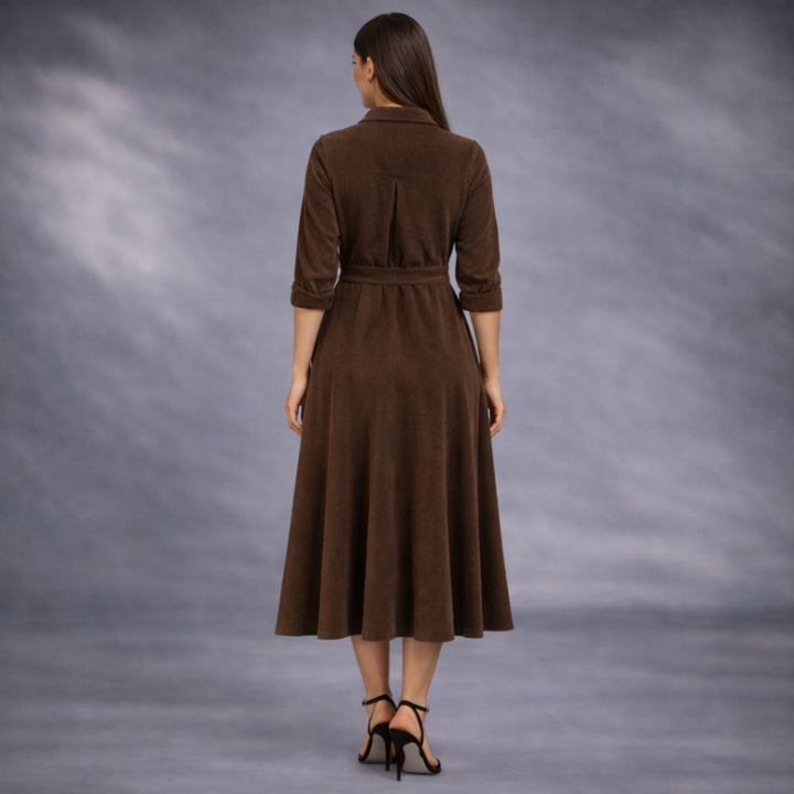 Rochie midi din raiat maro cu insertii rosii Vicky