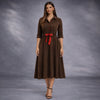 Rochie midi din raiat maro cu insertii rosii Vicky