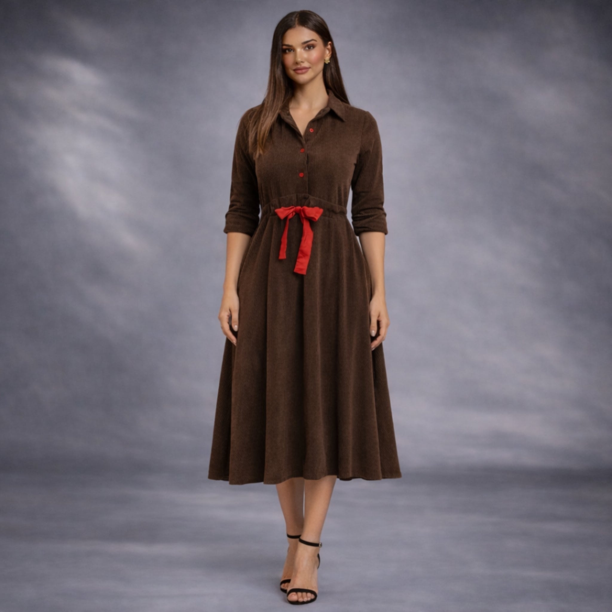 Rochie midi din raiat maro cu insertii rosii Vicky