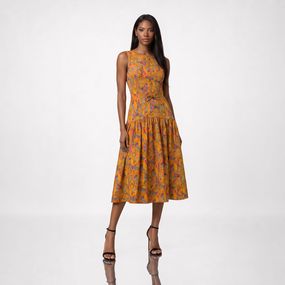 Rochie midi din bumbac 100% cu print paisley si funda in talie
