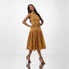 Rochie midi din bumbac 100% cu print paisley si funda in talie