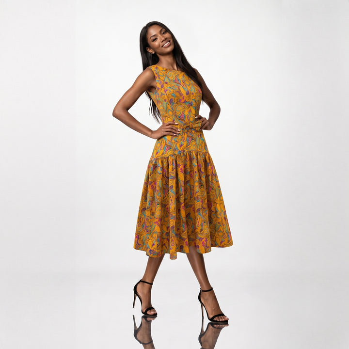Rochie midi din bumbac 100% cu print paisley si funda in talie