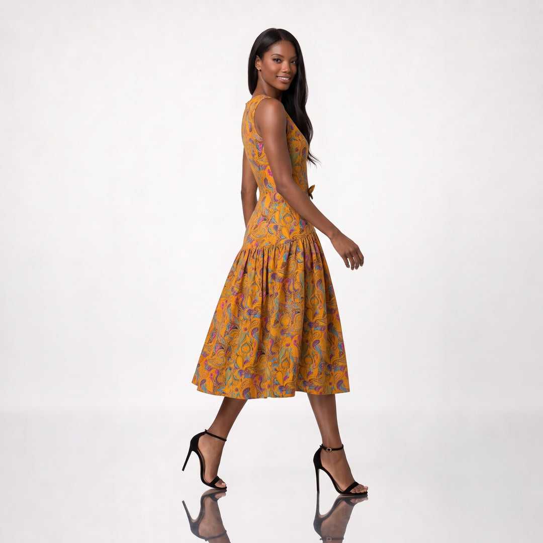 Rochie midi din bumbac 100% cu print paisley si funda in talie