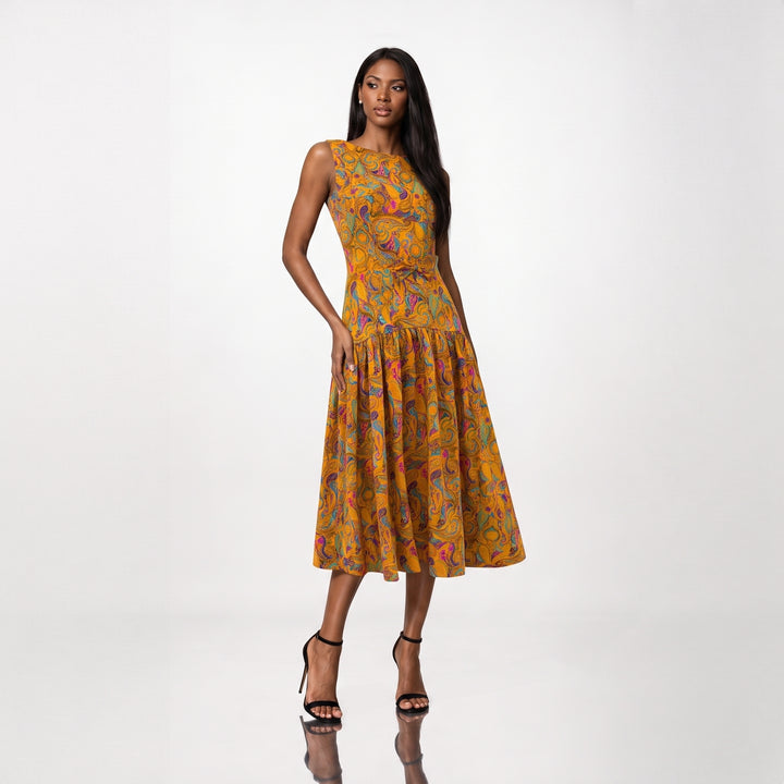 Rochie midi din bumbac 100% cu print paisley si funda in talie