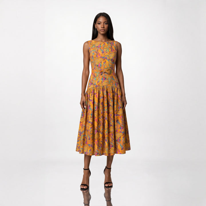 Rochie midi din bumbac 100% cu print paisley si funda in talie