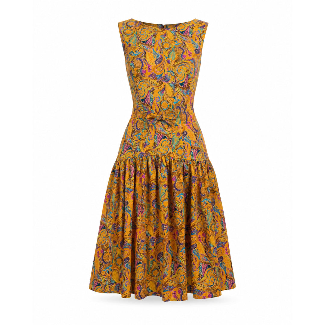 Rochie midi din bumbac 100% cu print paisley si funda in talie