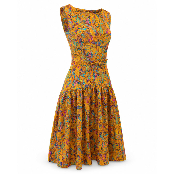 Rochie midi din bumbac 100% cu print paisley si funda in talie