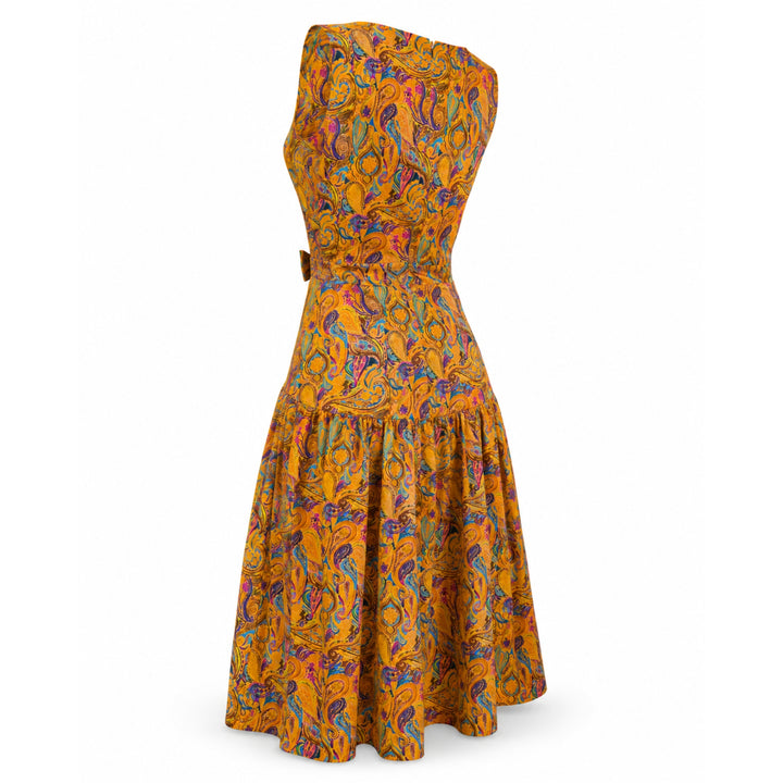 Rochie midi din bumbac 100% cu print paisley si funda in talie