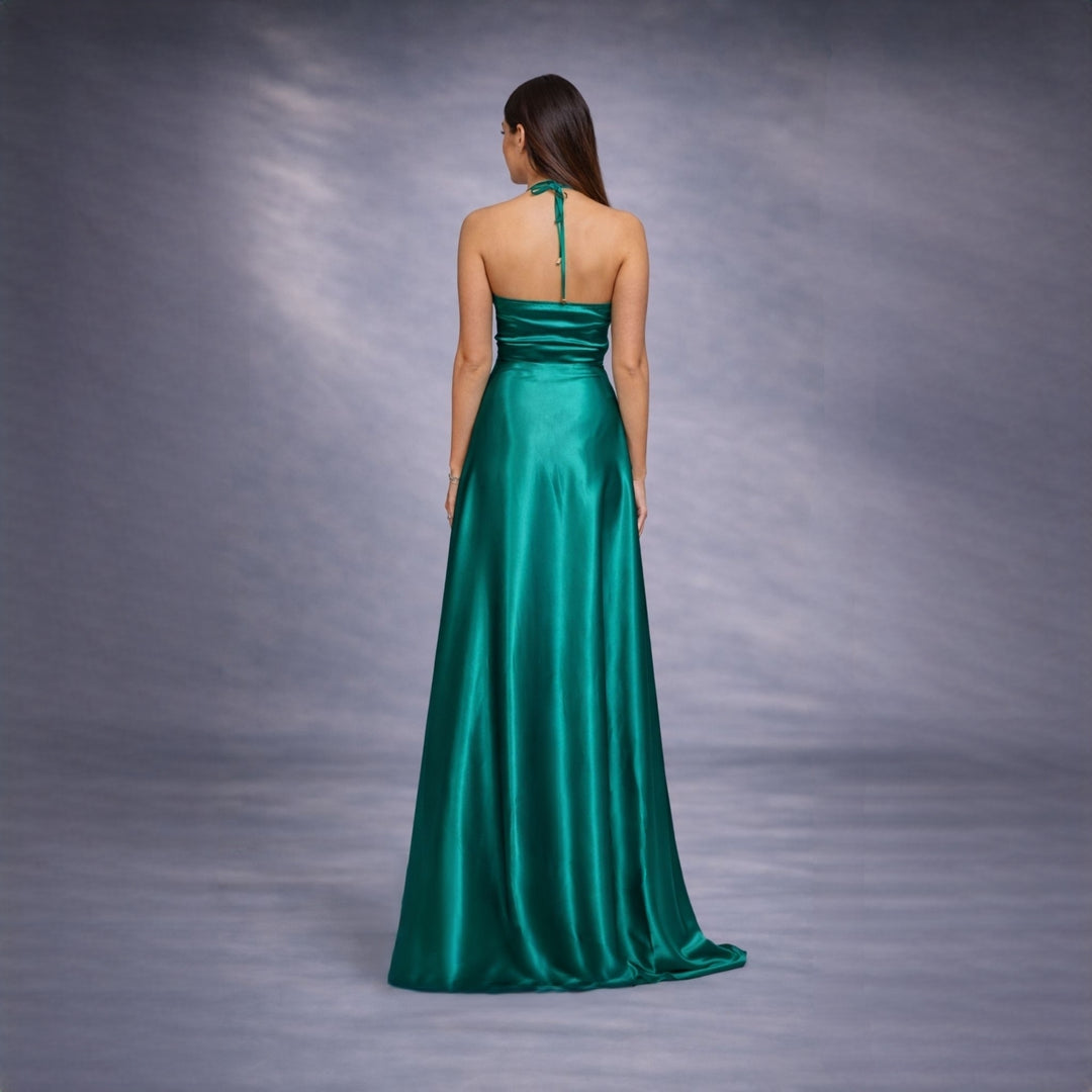 Rochie verde lunga din satin cu dantela Sensation